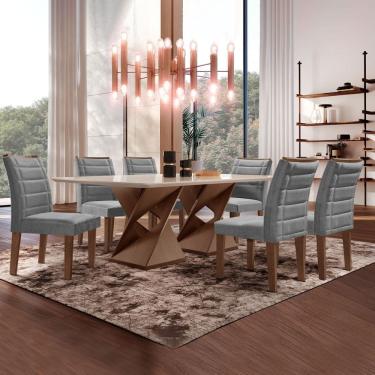 Imagem de Conjunto Sala de Jantar Tampo 170x90cm Vidro/mdf Genova com 6 Cadeiras Smart Plus Chocolate/Cinza/Off White