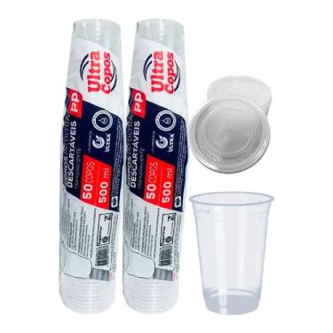 Imagem de 100 Copos 500ml Descartável C/tampa PP Liso Chopp Suco Ultra SC:COM FU