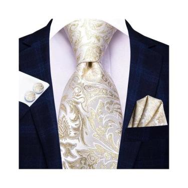 Imagem de Gravata De Seda Elegante Masculina Com Lenço De Bolso E Abotoaduras - 