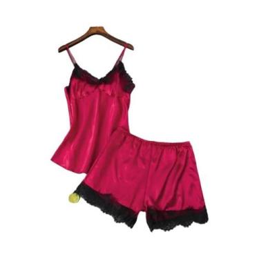 Imagem de Conjunto De Pijama Sexy Em Cetim Para Mulheres Com Decote Em V, Laço D