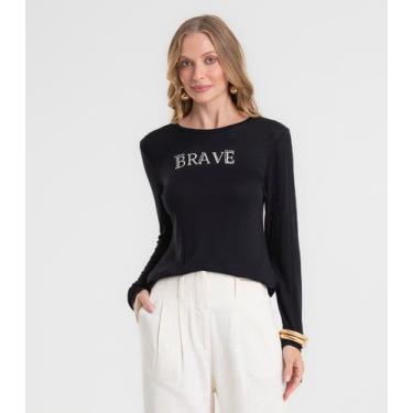 Imagem de Blusa Feminina Manga Longa Estampada Rovitex Preto, G, Preto