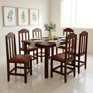 Imagem de Conjunto 6 Cadeiras Em Madeira Maciça Castanho Com Estofado Marrom