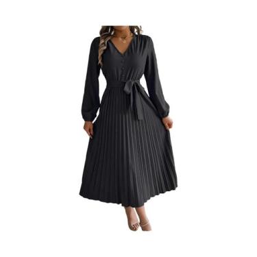 Imagem de Vestido Feminino Elegante Com Botões, Decote Em V, Manga Longa, Plissa