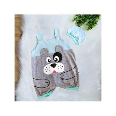 Imagem de Conjunto Macacão Jardineira + Touca  Bebê Menino Estampa de Cachorrinh