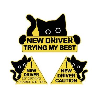 Imagem de Imã De Carro Para Novos Motoristas Gato Preto 3 Peças Sinal De Advertê