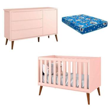 Imagem de Berço Americano e Cômoda Infantil Theo Pés Amadeirados com Colchão - Reller 