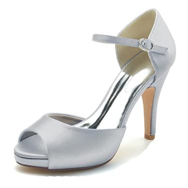 Imagem de Sapatos de noiva stiletto sapatos femininos scarpin marfim salto alto peep toe fivela sapatos sociais 36-42,Silver,3 UK/36 EU
