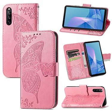 Imagem de YUNCHAO Caixa de telefone Para Sony Xperia 10 III Butterfly Love Flores em relevo caso de couro flip horizontal com suporte e carteira e cordão capa para celular