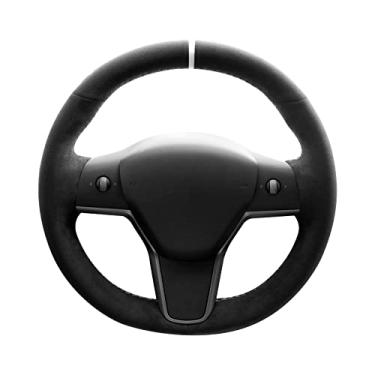 Imagem de Alfanxi Costura à mão Itália Alcantara capa de volante de carro para Tesla Model 3/Tesla Model Y (Alcântara preta + faixa branca)