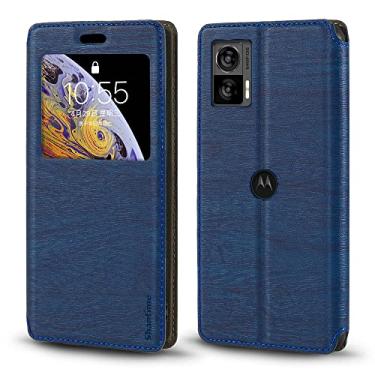 Imagem de Shantime Capa para Motorola Edge 30 Neo, capa de couro de grão de madeira com porta-cartões e janela, capa flip magnética para Motorola Edge 30 Neo (6,3 polegadas), azul