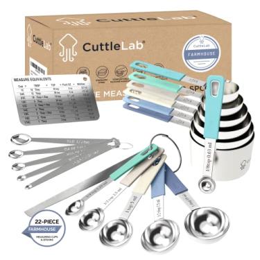 Imagem de Conjunto de 22 peças de medição de xícaras e colheres CuttleLab Aço inoxidável, 1/4, 1/12, 1/16, 1/32 e 1/64 colher de chá, espátula niveladora, tabela de conversão com ímã, tons frios (farmhouse)