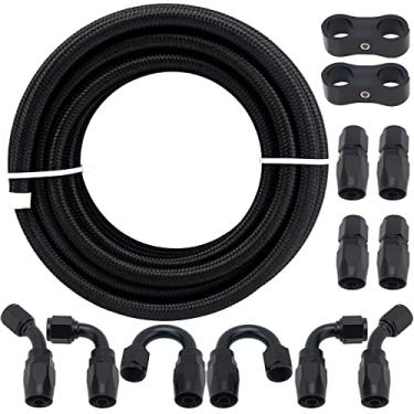 Imagem de Kit de mangueira de linha de combustível trançada 6AN de 6 m, AN6 3/8 mangueira de mangueira de combustível trançada de nylon aço inoxidável óleo gás CPE 6 m com 10 peças Kit adaptador de montagem de mangueira de combustível giratório - preto