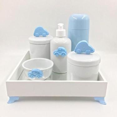 Imagem de Kit Higiene Bebê Porcelana Carrinho Bandeja Mdf Garrafa Azul 6Pçs - Tg