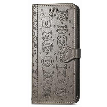Imagem de Capa carteira de couro de animais de desenho animado bonito capa carteira com zíper para Huawei P30 Lite capa de telefone alça de pulso cinza