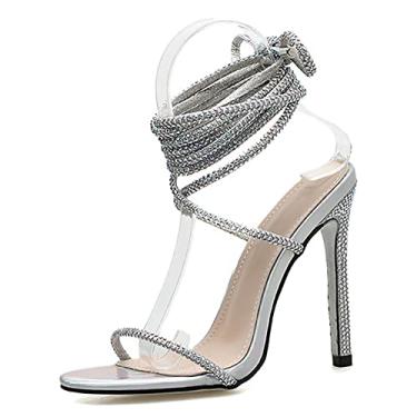 Imagem de Sandálias de tiras para mulheres com cadarço bico aberto sandálias de salto agulha alto HeeIs vestido cruzado sandálias de casamento sapatos de verão, prata, 39 EU/8 US