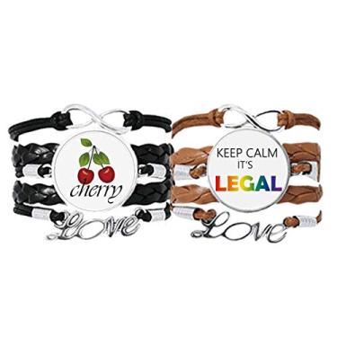 Imagem de DIYthinker Pulseira LGBT com bandeira de arco-íris Keep Calm pulseira de mão corda de couro cereja Love conjunto duplo