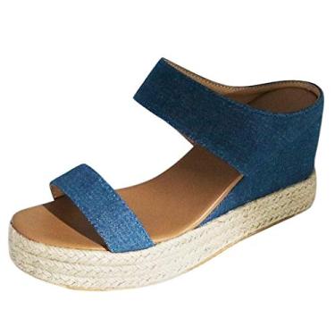 Imagem de Sandálias Sapatos de Praia Feminino Respirável Aberto Cunha de Palha Casual Sem Cadarço Verão Sapato Feminino, Azul, 8