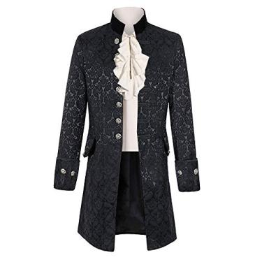 Imagem de Jaqueta masculina medieval Steampunk pirata viking renascentista fantasia formal gótico vitoriano Halloween smoking casacos de smoking, Preto, XXG
