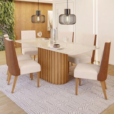 Imagem de Conjunto Sala de Jantar Tampo Mdf/Vidro 6 Cadeiras Geovana Marrom/Off White/Courano/Linho