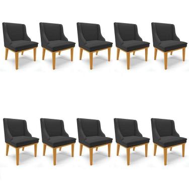 Imagem de Kit 8 Cadeiras Estofadas Sala De Jantar Base Fixa De Madeira Castanho Lia Sintético Preto