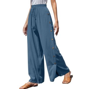 Imagem de Calça cargo feminina cor sólida cintura elástica com cadarço solto perna larga calça casual calça de moletom de perna reta com botão lateral calça de pára-quedas (Azul, XGG)