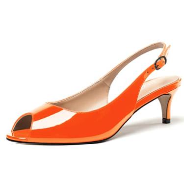Imagem de WAYDERNS Sapatos femininos Peep Toe de couro envernizado com tira no tornozelo e salto baixo para mulheres bonitos sapatos sociais 5 cm, Laranja, 12
