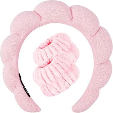 Imagem de Conjunto de toalhas de pulso para spa para lavar o rosto, faixas de cabelo para mulheres, tecido esponjoso, esponja, facial, faixas de cabelo para maquiagem, chuveiro rosa