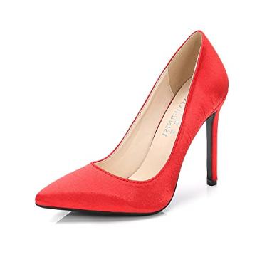 Imagem de Sapatos femininos de cetim fino salto alto fechado clássico sem cadarço sapato de escritório 11 cm salto agulha sapatos de festa noturna, Vermelho, 10