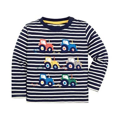 Imagem de Yueary Camisetas infantis meninos gola redonda listrada manga longa carro desenho gráfico crianças algodão pulôver casual moderno camisetas, Azul-escuro, 3-4T