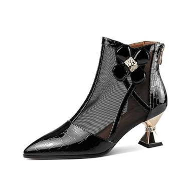 Imagem de KAGAA Sapatos femininos elegantes de couro genuíno bico fino com zíper, salto agulha médio salto médio com sandálias femininas feitas à mão de 6 cm th2591s, Preto, 6