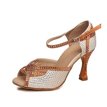 Imagem de Minishion Sapatos de dança latina femininos Peep Toe salto de salão L459, Nude/Bronze, 9