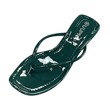 Imagem de Chinelos femininos de verão comércio exterior cor pura PU salto alto clipe dedo do pé sandálias femininas praia sandálias, Verde, 8.5