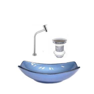 Imagem de Kit Cuba de Vidro + Torneira para Lavatório Oval Chanfrada 36cm Azul