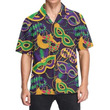 Imagem de Camisa masculina havaiana de carnaval do Mardi Gras, moda acampamento, praia, camisetas casuais com botões, camisa de manga curta, caimento solto, M