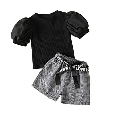 Imagem de Conjunto de roupas infantis de manga bufante curta com nervuras, shorts xadrez, 2 peças, conjunto de roupas com cinto, Preto, 2-3 Anos