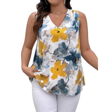 Imagem de SOLY HUX Regata feminina plus size com estampa floral, sem mangas, gola V, blusa de verão para sair, Amarelo, azul, floral, GG Plus Size