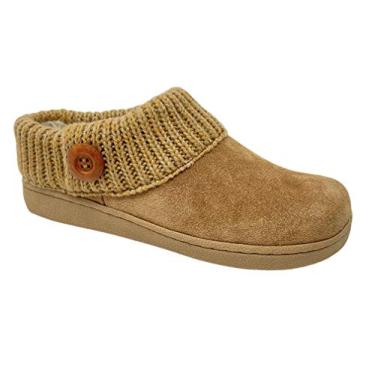 Imagem de Clarks Pantufas femininas de camurça com gola tricotada e couro – Forro de pele sintética de pelúcia, Canela/Bege 2, 6