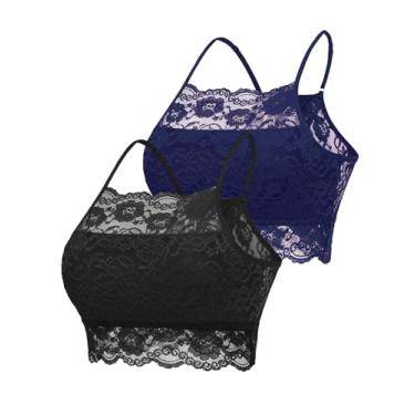 Imagem de Avidlove 2 peças Bralettes de renda sem fio costas nadador blusa cropped de camada dupla, Preto e azul marinho, M