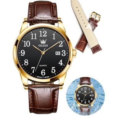 Imagem de OLEVS Relógio masculino masculino com pulseira de couro, clássico, de couro marrom, analógico, masculino, preto, à prova d'água, mostrador grande, relógio masculino, 5566-ZP-face preta, relógios de