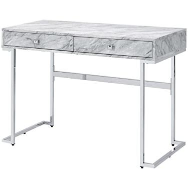 Imagem de Escrivaninha com 2 gavetas, mesa de estudante para quarto, mesa de escritório em casa, parte superior impressa em mármore sintético e acabamento cromado, 106 cm C x 48 cm L x 78 cm A