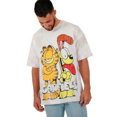 Imagem de Camiseta masculina com logotipo Garfield Odie & Garfield gola redonda, manga curta, ombro caído, branca e marrom, Branco, GG