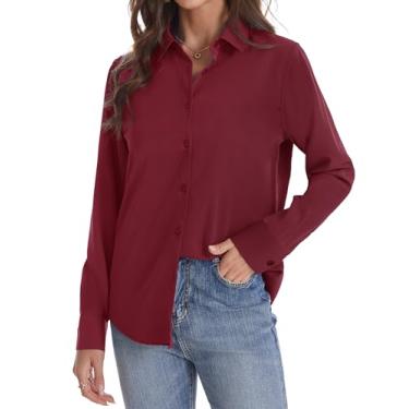 Imagem de J.VER Camisa feminina de botão manga longa sem rugas leve de chiffon sólido blusa de trabalho, Vinho tinto, P