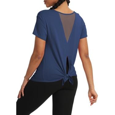 Imagem de Bestisun Camisetas femininas de manga curta para treino atléticas amarradas nas costas tops de academia de malha nas costas roupas de ioga, Azul marinho, M