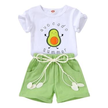 Imagem de YOUNGER TREE Camiseta infantil para bebês meninas com estampa de melancia + shorts de linho com cinto bonito conjunto curto de verão, Abacate fofo, 5-6 Anos