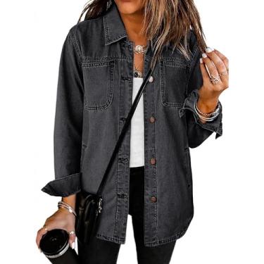 Imagem de luvamia Jaqueta jeans feminina moderna de manga comprida com botões, jaqueta jeans com bolso, jaqueta de trabalho ocidental, Preto desbotado, M