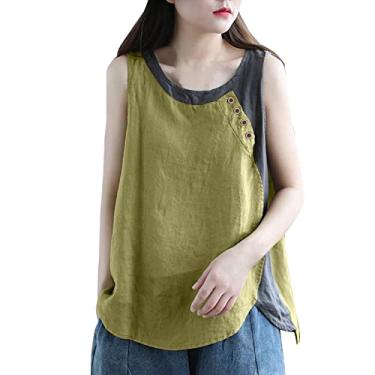 Imagem de Blusa feminina de linho de verão, caimento solto, sem mangas, gola redonda, botões, fenda lateral, túnica, Verde, GG