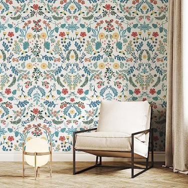 Imagem de Papel de parede floral colorido, papel de parede de vinil vintage, papel de parede floral aquarela para cozinha quarto sala de estar armário móveis autoadesivo 14,2 pés quadrados (17,3 x 118,2 polegadas)
