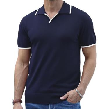 Imagem de Anelune Camisa polo masculina de malha casual, manga curta, gola V, camisetas macias de verão, Azul marinho, GG