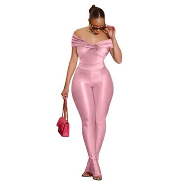 Imagem de Ryehack Conjunto feminino de 2 peças, blusa com ombro de fora, colado ao corpo, calça rodada, roupa sexy para sair ao clube, rosa, XX-Large