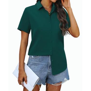 Imagem de siliteelon Camisas femininas de chiffon de botão de manga curta para mulheres, casuais, abotoadas, blusas, Verde escuro, M